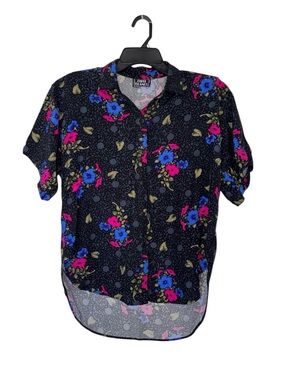 First Glance Floral Button-Up Blouse in Black with Blue & Pink Flowers L/XL